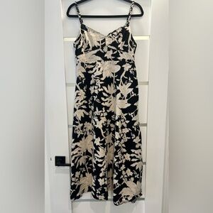 Rachel Zoe Linen Floral Black and Cream Midi Dress with Pockets M